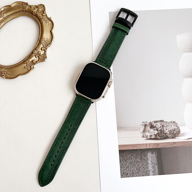For Apple Watch 46mm / 49mm / 45mm / 44mm 7-Line Tri-Star Buckle Pull Up Leather Watch Band(Crazy Horse Green Black Thread) - Watch Bands by PMC TechLife | Online Shopping South Africa | PMC TechLife | Buy Now Pay Later Mobicred