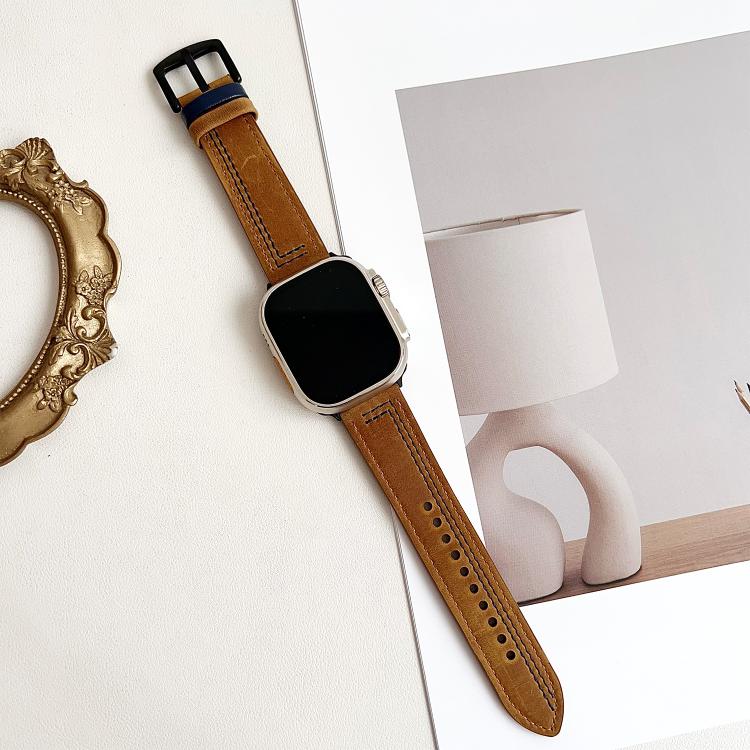 For Apple Watch 46mm / 49mm / 45mm / 44mm 7-Line Tri-Star Buckle Pull Up Leather Watch Band(Crazy Horse Light Brown Blue Thread) - Watch Bands by PMC TechLife | Online Shopping South Africa | PMC TechLife | Buy Now Pay Later Mobicred
