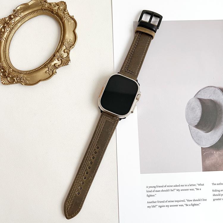 For Apple Watch 46mm / 49mm / 45mm / 44mm 7-Line Tri-Star Buckle Pull Up Leather Watch Band(Crazy Horse Army Green Black Thread) - Watch Bands by PMC TechLife | Online Shopping South Africa | PMC TechLife | Buy Now Pay Later Mobicred
