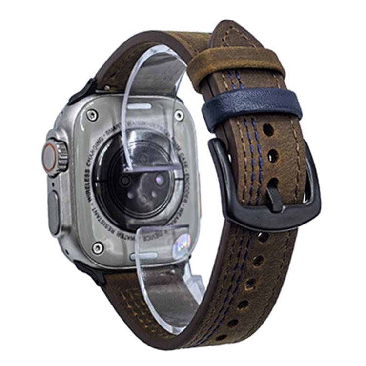 For Apple Watch 46mm / 49mm / 45mm / 44mm 7-Line Tri-Star Buckle Pull Up Leather Watch Band(Crazy Horse Dark Brown Blue Thread) - Watch Bands by PMC TechLife | Online Shopping South Africa | PMC TechLife | Buy Now Pay Later Mobicred