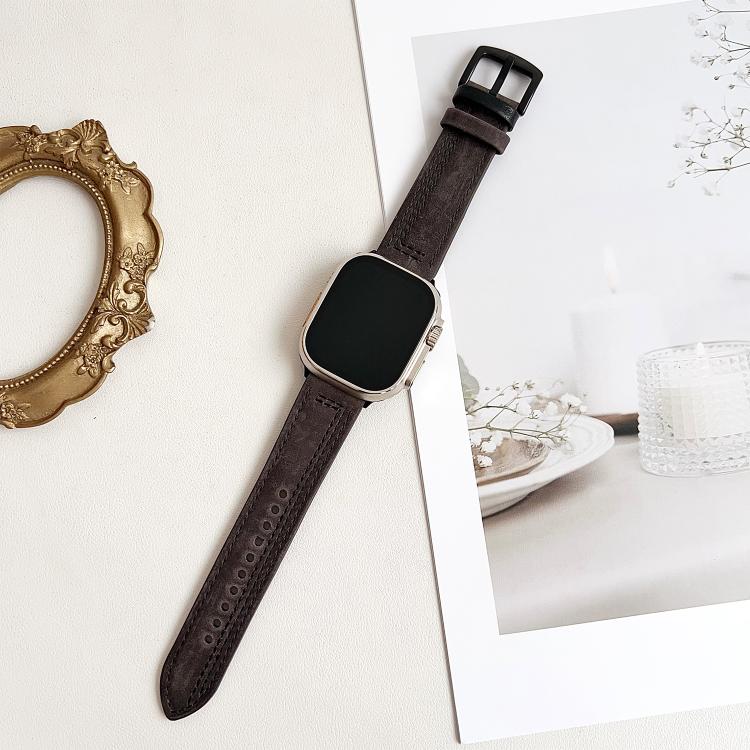 For Apple Watch 46mm / 49mm / 45mm / 44mm 7-Line Tri-Star Buckle Pull Up Leather Watch Band(Gray Black Thread) - Watch Bands by PMC TechLife | Online Shopping South Africa | PMC TechLife | Buy Now Pay Later Mobicred