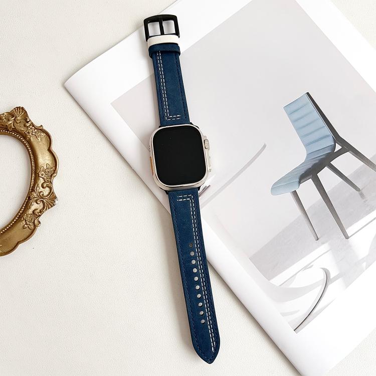For Apple Watch 42mm / 41mm / 40mm / 38mm 7-Line Tri-Star Buckle Pull Up Leather Watch Band(Dark Blue White Thread) - Watch Bands by PMC TechLife | Online Shopping South Africa | PMC TechLife | Buy Now Pay Later Mobicred