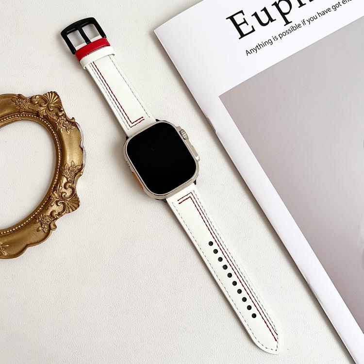 For Apple Watch 42mm / 41mm / 40mm / 38mm 7-Line Tri-Star Buckle Pull Up Leather Watch Band(Beige Red Thread) - Watch Bands by PMC TechLife | Online Shopping South Africa | PMC TechLife | Buy Now Pay Later Mobicred