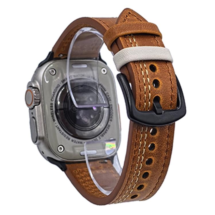 For Apple Watch 42mm / 41mm / 40mm / 38mm 7-Line Tri-Star Buckle Pull Up Leather Watch Band(Crazy Horse Yellow Brown White Thread) - Watch Bands by PMC TechLife | Online Shopping South Africa | PMC TechLife | Buy Now Pay Later Mobicred