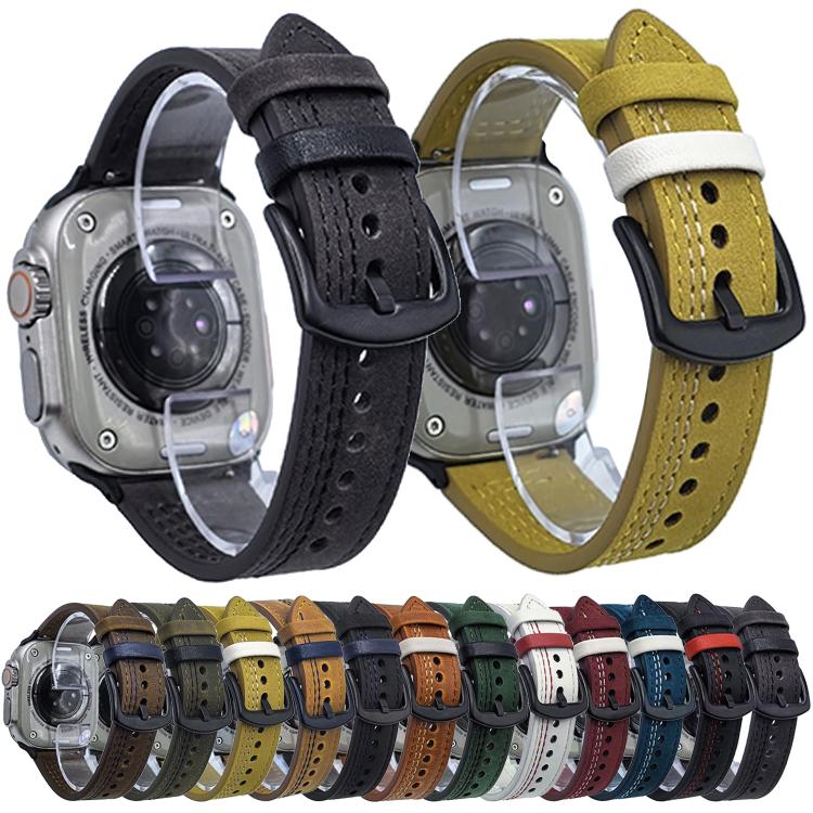 For Apple Watch 46mm / 49mm / 45mm / 44mm 7-Line Tri-Star Buckle Pull Up Leather Watch Band(Light Yellow White Thread) - Watch Bands by PMC TechLife | Online Shopping South Africa | PMC TechLife | Buy Now Pay Later Mobicred