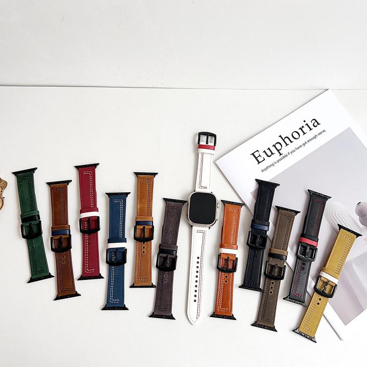 For Apple Watch 46mm / 49mm / 45mm / 44mm 7-Line Tri-Star Buckle Pull Up Leather Watch Band(Black Red Thread) - Watch Bands by PMC TechLife | Online Shopping South Africa | PMC TechLife | Buy Now Pay Later Mobicred