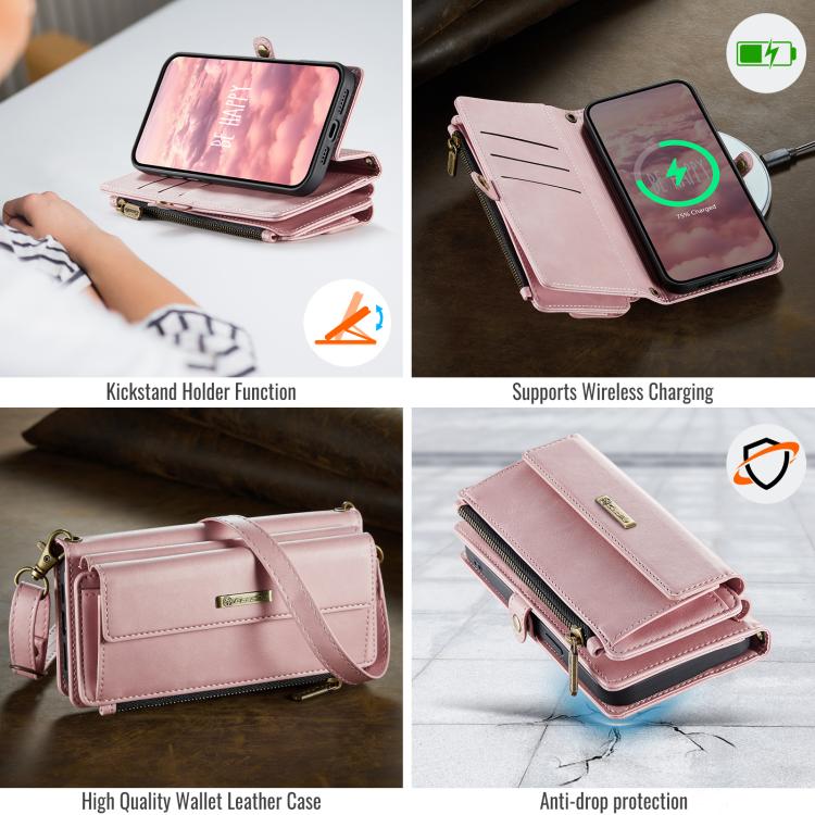 For iPhone 16e CaseMe C39 RFID Blocking Zipper Wallet Leather Phone Case with Crossbody Strap(Pink) - free shipping - PMc TechLife - Order now!