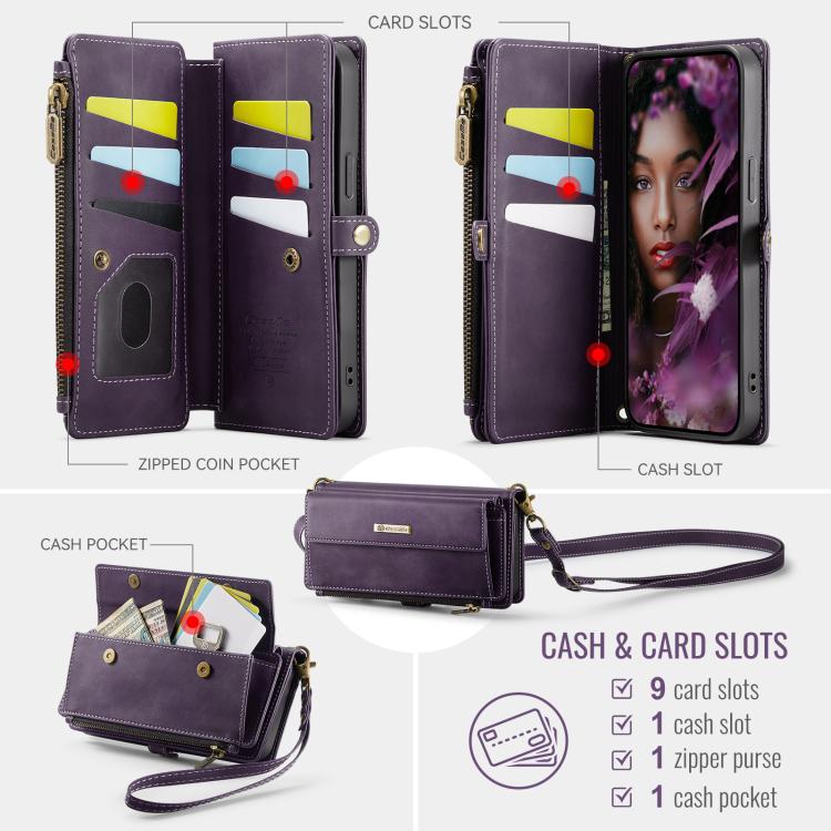 For iPhone 16e CaseMe C39 RFID Blocking Zipper Wallet Leather Phone Case with Crossbody Strap(Purple) - free shipping - PMc TechLife - Order now!