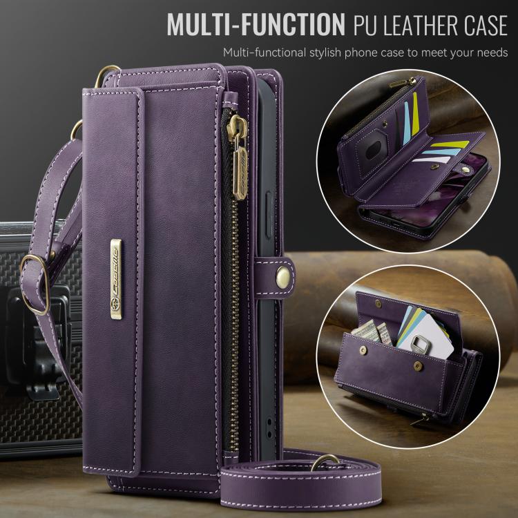 For iPhone 16e CaseMe C39 RFID Blocking Zipper Wallet Leather Phone Case with Crossbody Strap(Purple) - free shipping - PMc TechLife - Order now!
