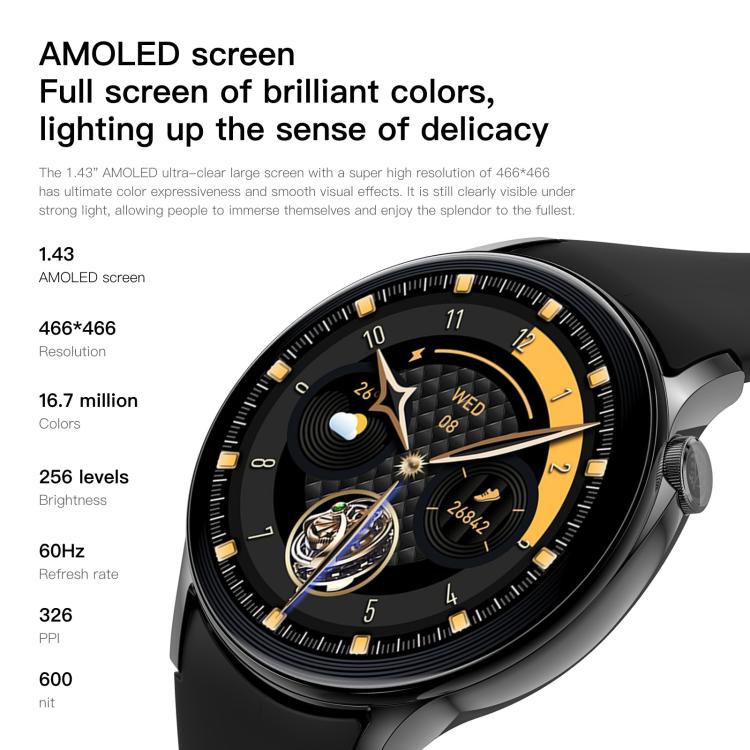 Sense 6 1.43 AMOLED Screen IP68 Waterproof Bluetooth Call Smartwatch Supports Health Monitoring(Black) - free shipping - PMC TechLife - Order now!