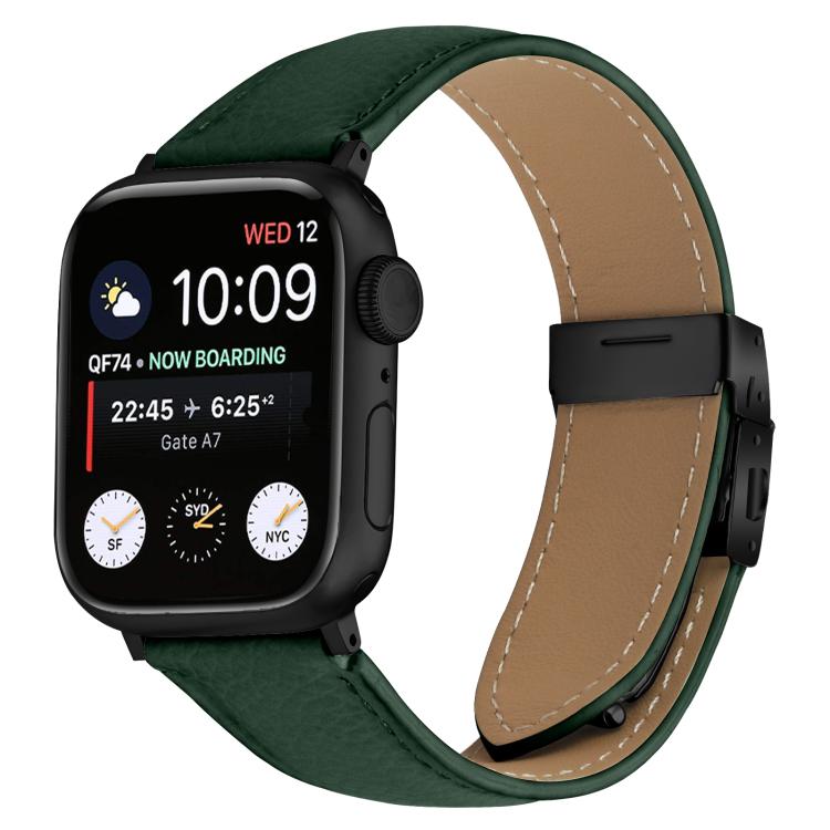 For Apple Watch 42mm / 41mm / 40mm / 38mm Lychee Texture Black Turtle Back Buckle Leather Watch Band(Green) - Watch Bands by PMC TechLife | Online Shopping South Africa | PMC TechLife | Buy Now Pay Later Mobicred