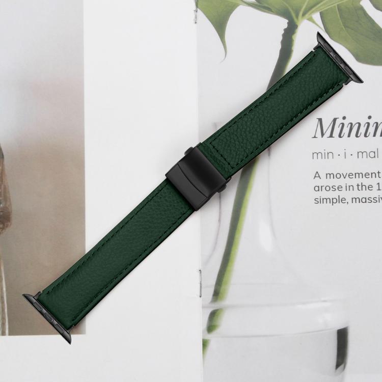 For Apple Watch 42mm / 41mm / 40mm / 38mm Lychee Texture Black Turtle Back Buckle Leather Watch Band(Green) - Watch Bands by PMC TechLife | Online Shopping South Africa | PMC TechLife | Buy Now Pay Later Mobicred