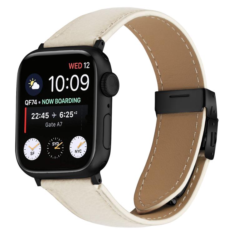 For Apple Watch 42mm / 41mm / 40mm / 38mm Lychee Texture Black Turtle Back Buckle Leather Watch Band(Creamy White) - Watch Bands by PMC TechLife | Online Shopping South Africa | PMC TechLife | Buy Now Pay Later Mobicred