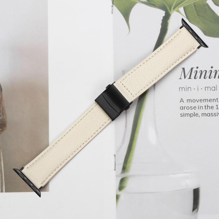 For Apple Watch 42mm / 41mm / 40mm / 38mm Lychee Texture Black Turtle Back Buckle Leather Watch Band(Creamy White) - Watch Bands by PMC TechLife | Online Shopping South Africa | PMC TechLife | Buy Now Pay Later Mobicred