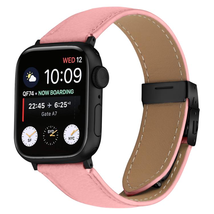 For Apple Watch 46mm / 49mm / 45mm / 44mm Lychee Texture Black Turtle Back Buckle Leather Watch Band(Pink) - Watch Bands by PMC TechLife | Online Shopping South Africa | PMC TechLife | Buy Now Pay Later Mobicred