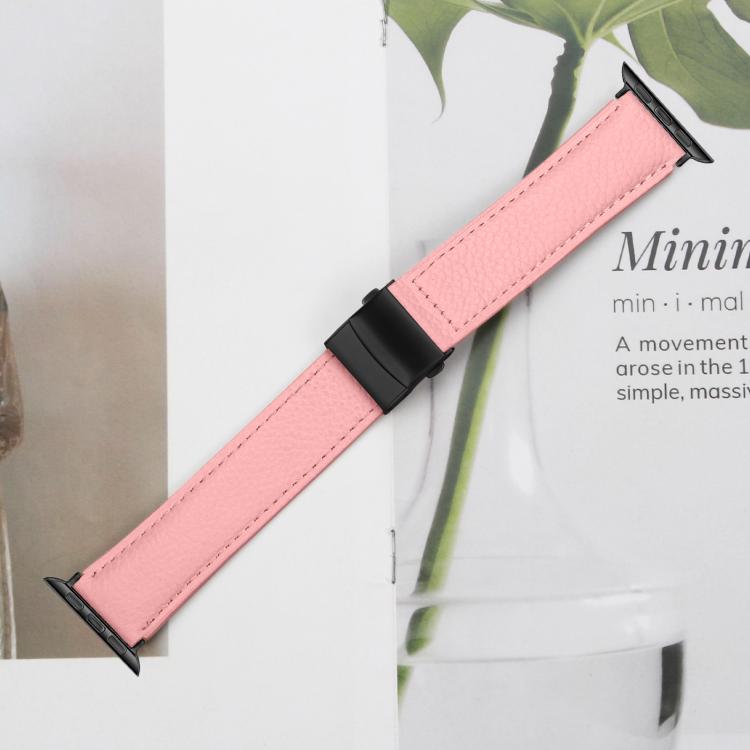 For Apple Watch 46mm / 49mm / 45mm / 44mm Lychee Texture Black Turtle Back Buckle Leather Watch Band(Pink) - Watch Bands by PMC TechLife | Online Shopping South Africa | PMC TechLife | Buy Now Pay Later Mobicred