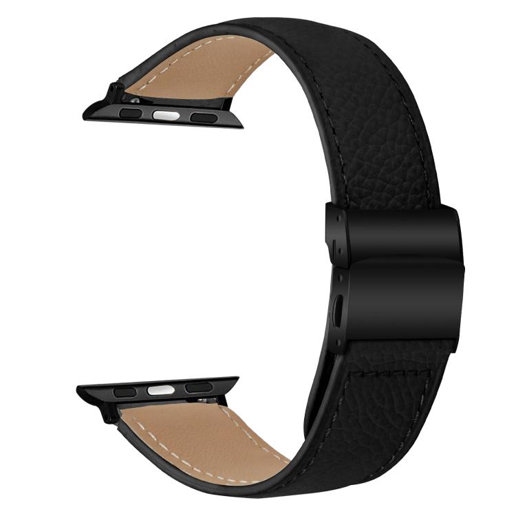 For Apple Watch 46mm / 49mm / 45mm / 44mm Lychee Texture Black Turtle Back Buckle Leather Watch Band(Black) - Watch Bands by PMC TechLife | Online Shopping South Africa | PMC TechLife | Buy Now Pay Later Mobicred