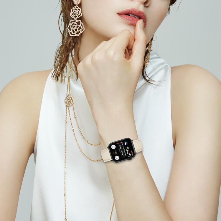 For Apple Watch 42mm / 41mm / 40mm / 38mm Lychee Texture Black Turtle Back Buckle Leather Watch Band(Creamy White) - Watch Bands by PMC TechLife | Online Shopping South Africa | PMC TechLife | Buy Now Pay Later Mobicred