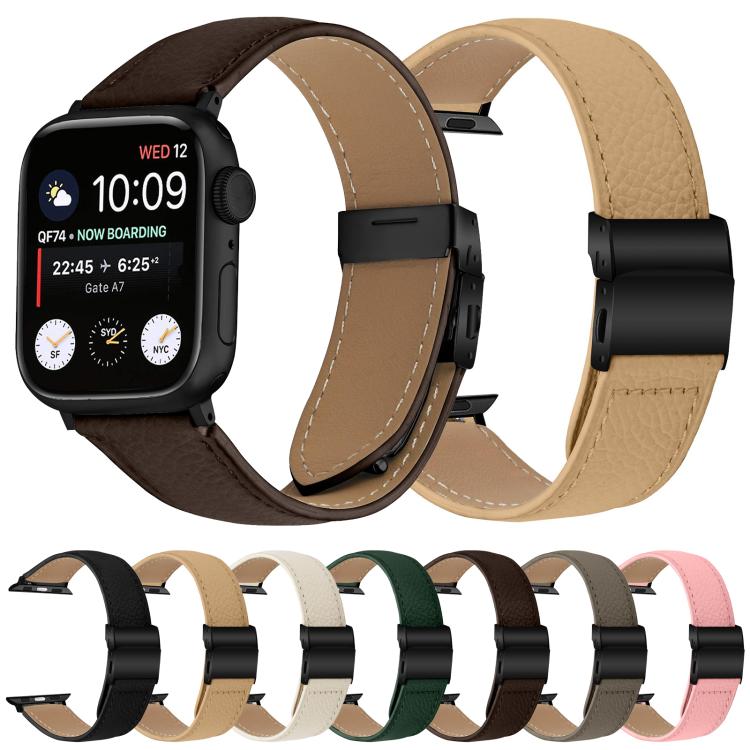 For Apple Watch 46mm / 49mm / 45mm / 44mm Lychee Texture Black Turtle Back Buckle Leather Watch Band(Pink) - Watch Bands by PMC TechLife | Online Shopping South Africa | PMC TechLife | Buy Now Pay Later Mobicred