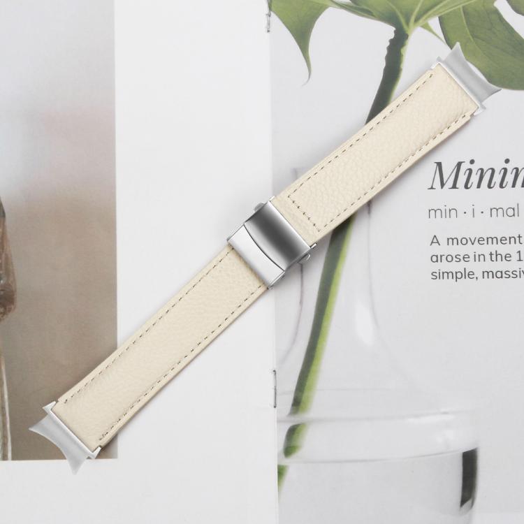 For Samsung Galaxy Watch 7 40 / 44mm Lychee Texture Silver Turtle Back Buckle Leather Watch Band(Creamy White) - free shipping - PMC TechLife - Order now!