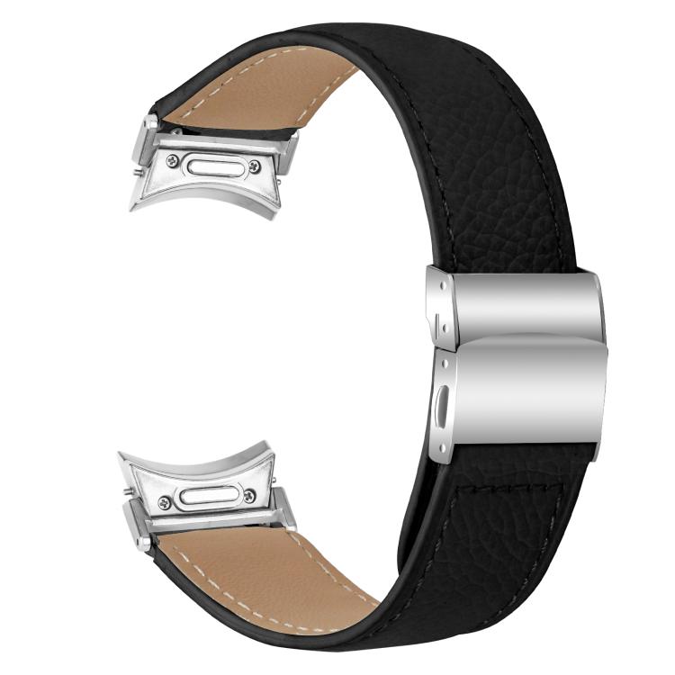 For Samsung Galaxy Watch 7 40 / 44mm Quick Release Lychee Texture Silver Turtle Back Buckle Leather Watch Band(Black) - free shipping - PMC TechLife - Order now!