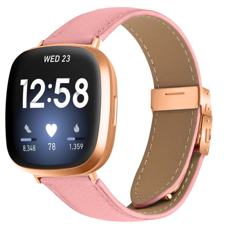 For Fitbit Versa 3 / 4 Lychee Texture Rose Gold Turtle Back Buckle Leather Watch Band(Pink) - free shipping - PMC TechLife - Order now!