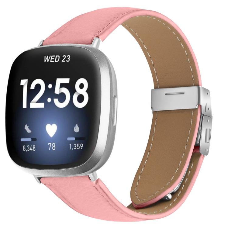 For Fitbit Versa 3 / 4 Lychee Texture Silver Turtle Back Buckle Leather Watch Band(Pink) - free shipping - PMC TechLife - Order now!