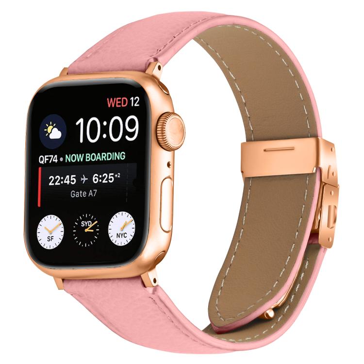 For Apple Watch 46mm / 49mm / 45mm / 44mm Lychee Texture Rose Gold Turtle Back Buckle Leather Watch Band(Pink) - free shipping - PMC TechLife - Order now!