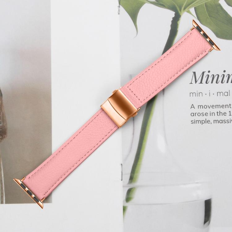 For Apple Watch 46mm / 49mm / 45mm / 44mm Lychee Texture Rose Gold Turtle Back Buckle Leather Watch Band(Pink) - free shipping - PMC TechLife - Order now!