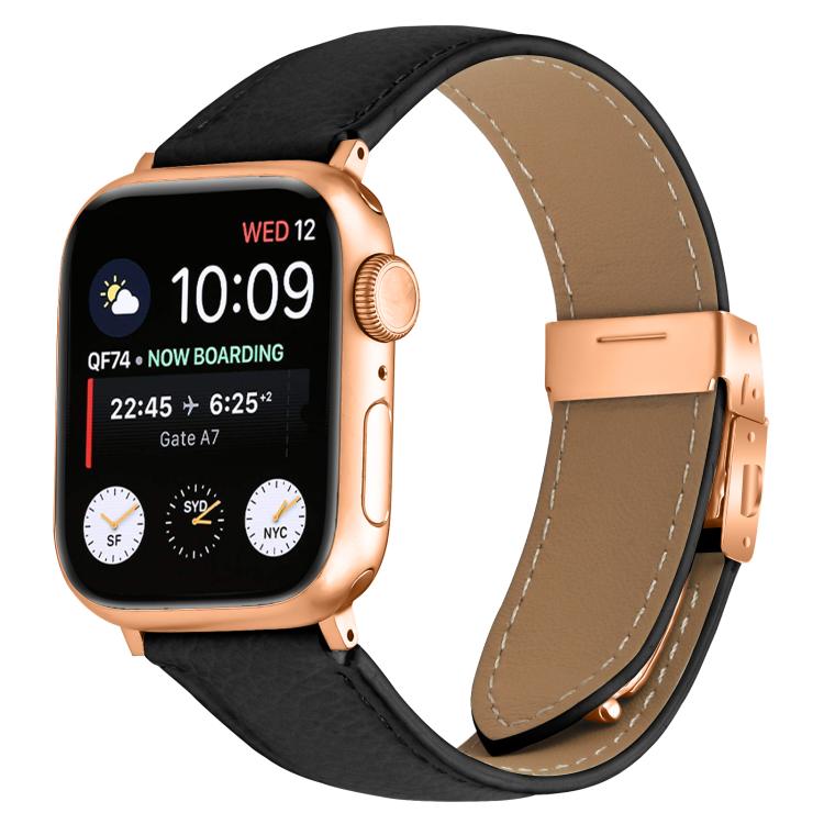 For Apple Watch 46mm / 49mm / 45mm / 44mm Lychee Texture Rose Gold Turtle Back Buckle Leather Watch Band(Black) - free shipping - PMC TechLife - Order now!