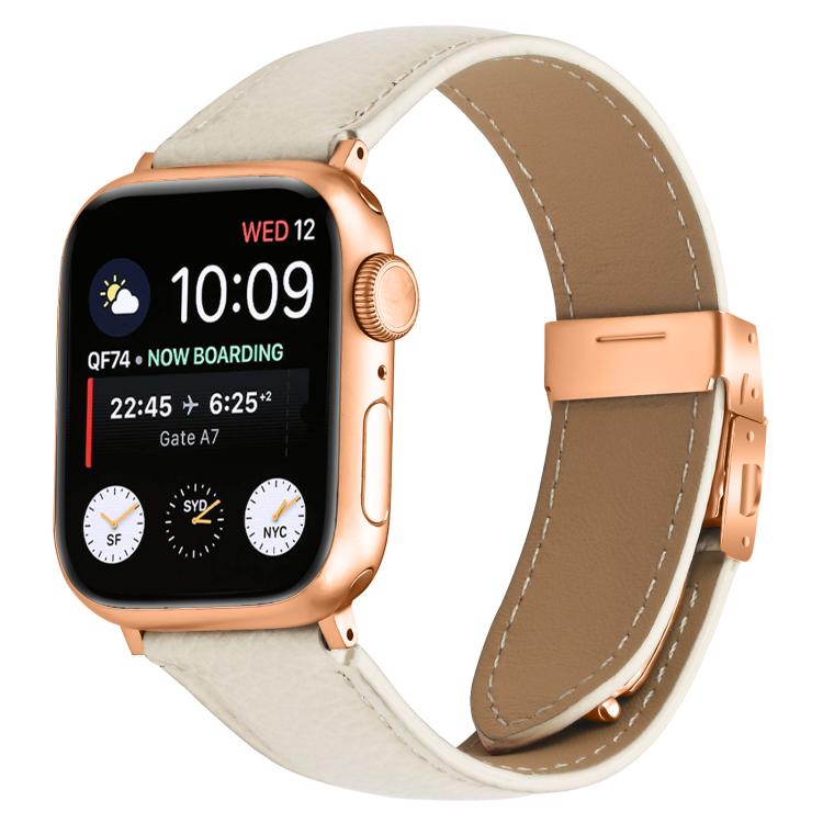 For Apple Watch 46mm / 49mm / 45mm / 44mm Lychee Texture Rose Gold Turtle Back Buckle Leather Watch Band(Creamy White) - free shipping - PMC TechLife - Order now!