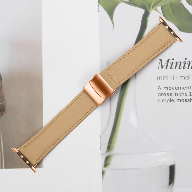 For Apple Watch 46mm / 49mm / 45mm / 44mm Lychee Texture Rose Gold Turtle Back Buckle Leather Watch Band(Camel) - free shipping - PMC TechLife - Order now!