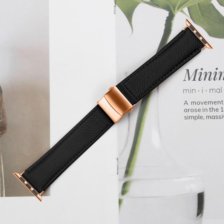 For Apple Watch 42mm / 41mm / 40mm / 38mm Lychee Texture Rose Gold Turtle Back Buckle Leather Watch Band(Black) - free shipping - PMC TechLife - Order now!