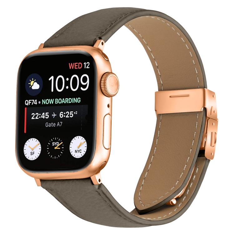 For Apple Watch 42mm / 41mm / 40mm / 38mm Lychee Texture Rose Gold Turtle Back Buckle Leather Watch Band(Gray) - free shipping - PMC TechLife - Order now!