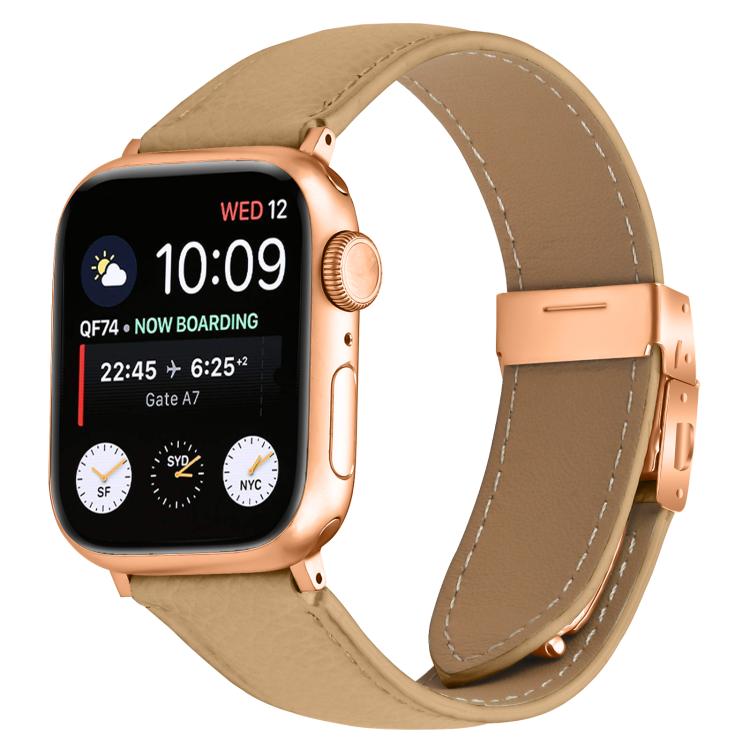 For Apple Watch 42mm / 41mm / 40mm / 38mm Lychee Texture Rose Gold Turtle Back Buckle Leather Watch Band(Camel) - free shipping - PMC TechLife - Order now!