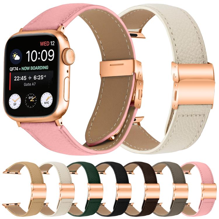 For Apple Watch 42mm / 41mm / 40mm / 38mm Lychee Texture Rose Gold Turtle Back Buckle Leather Watch Band(Gray) - free shipping - PMC TechLife - Order now!