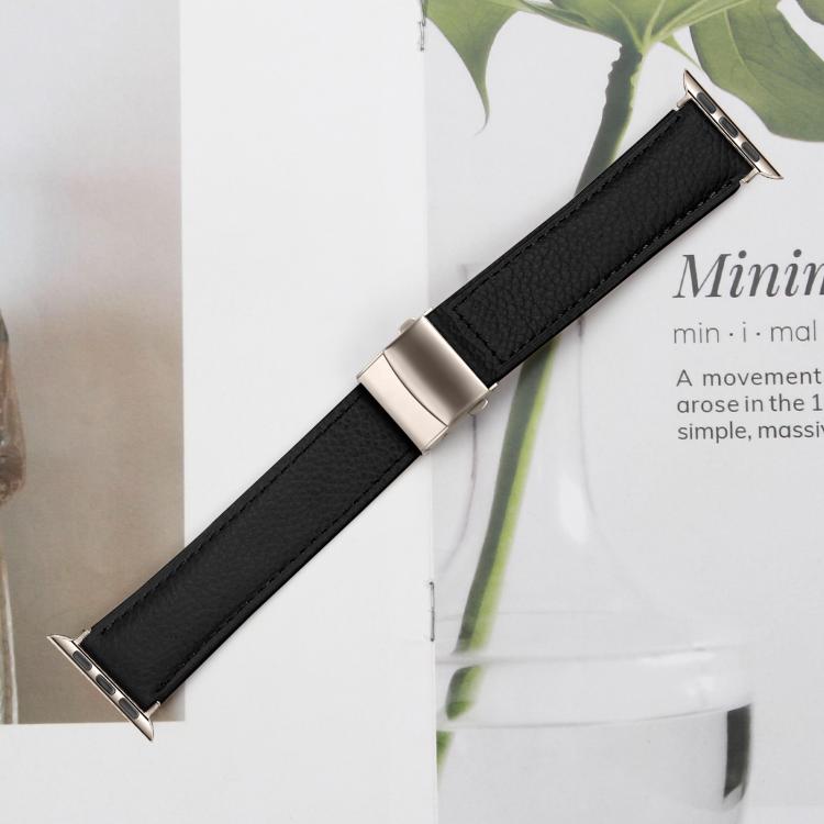For Apple Watch 42mm / 41mm / 40mm / 38mm Lychee Texture Starlight Turtle Back Buckle Leather Watch Band(Black) - Watch Bands by PMC TechLife | Online Shopping South Africa | PMC TechLife | Buy Now Pay Later Mobicred
