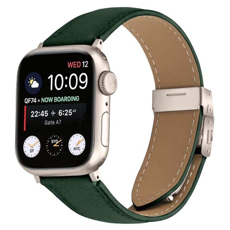 For Apple Watch 42mm / 41mm / 40mm / 38mm Lychee Texture Starlight Turtle Back Buckle Leather Watch Band(Green) - Watch Bands by PMC TechLife | Online Shopping South Africa | PMC TechLife | Buy Now Pay Later Mobicred