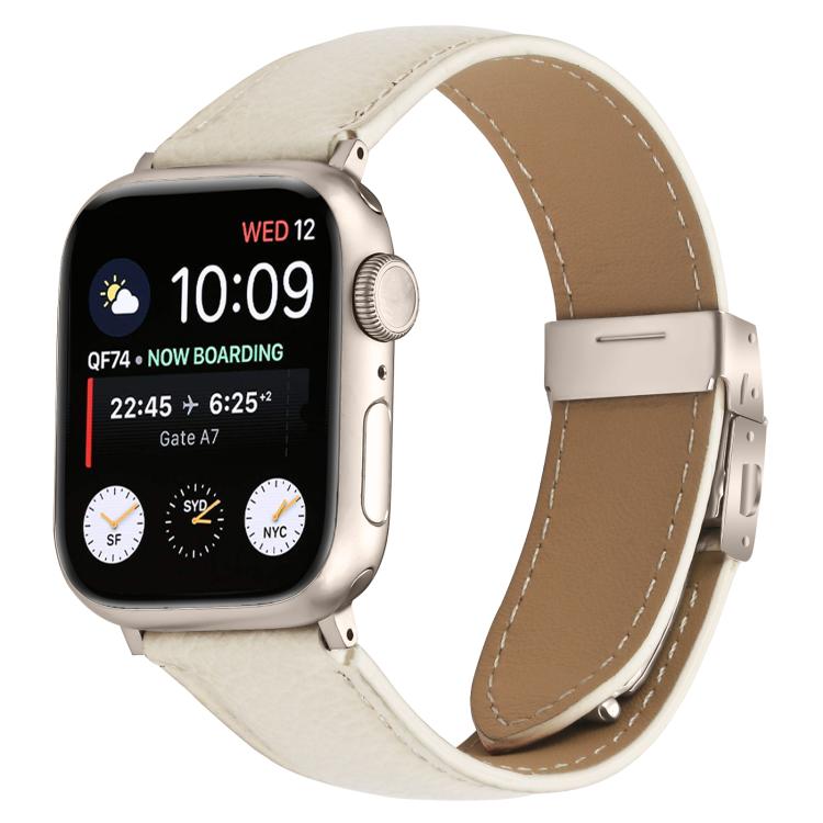 For Apple Watch 42mm / 41mm / 40mm / 38mm Lychee Texture Starlight Turtle Back Buckle Leather Watch Band(Creamy White) - Watch Bands by PMC TechLife | Online Shopping South Africa | PMC TechLife | Buy Now Pay Later Mobicred