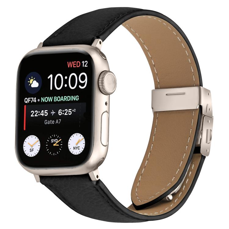 For Apple Watch 46mm / 49mm / 45mm / 44mm Lychee Texture Starlight Turtle Back Buckle Leather Watch Band(Black) - Watch Bands by PMC TechLife | Online Shopping South Africa | PMC TechLife | Buy Now Pay Later Mobicred