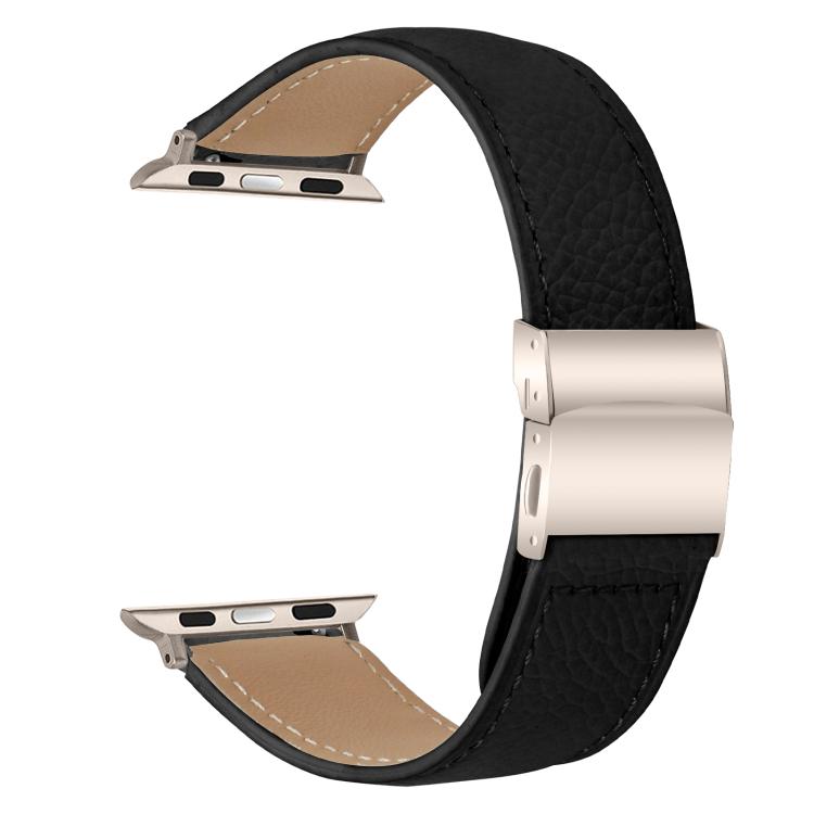 For Apple Watch 46mm / 49mm / 45mm / 44mm Lychee Texture Starlight Turtle Back Buckle Leather Watch Band(Black) - Watch Bands by PMC TechLife | Online Shopping South Africa | PMC TechLife | Buy Now Pay Later Mobicred