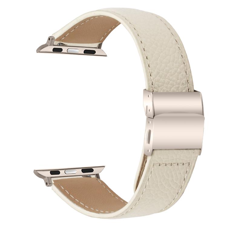 For Apple Watch 46mm / 49mm / 45mm / 44mm Lychee Texture Starlight Turtle Back Buckle Leather Watch Band(Creamy White) - Watch Bands by PMC TechLife | Online Shopping South Africa | PMC TechLife | Buy Now Pay Later Mobicred