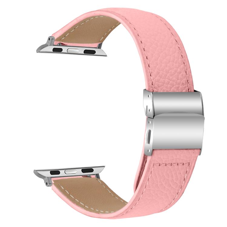 For Apple Watch 46mm / 49mm / 45mm / 44mm Lychee Texture Silver Turtle Back Buckle Leather Watch Band(Pink) - free shipping - PMC TechLife - Order now!