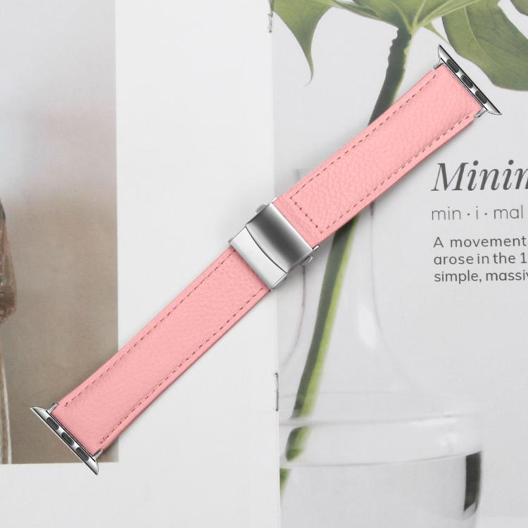 For Apple Watch 46mm / 49mm / 45mm / 44mm Lychee Texture Silver Turtle Back Buckle Leather Watch Band(Pink) - free shipping - PMC TechLife - Order now!