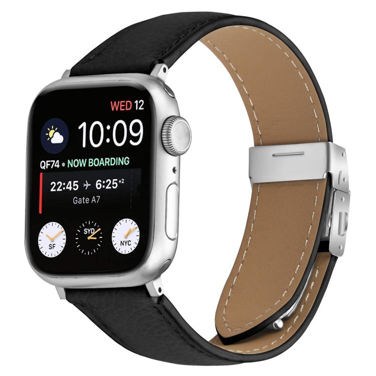 For Apple Watch 46mm / 49mm / 45mm / 44mm Lychee Texture Silver Turtle Back Buckle Leather Watch Band(Black) - free shipping - PMC TechLife - Order now!