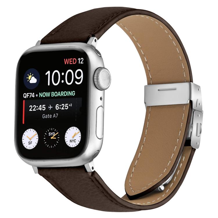 For Apple Watch 46mm / 49mm / 45mm / 44mm Lychee Texture Silver Turtle Back Buckle Leather Watch Band(Coffee Color) - free shipping - PMC TechLife - Order now!