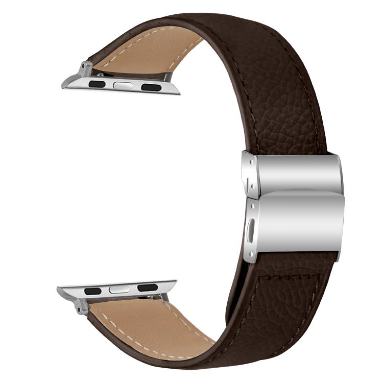 For Apple Watch 46mm / 49mm / 45mm / 44mm Lychee Texture Silver Turtle Back Buckle Leather Watch Band(Coffee Color) - free shipping - PMC TechLife - Order now!