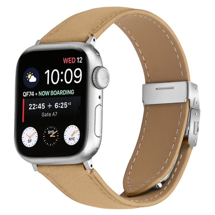 For Apple Watch 46mm / 49mm / 45mm / 44mm Lychee Texture Silver Turtle Back Buckle Leather Watch Band(Camel) - free shipping - PMC TechLife - Order now!