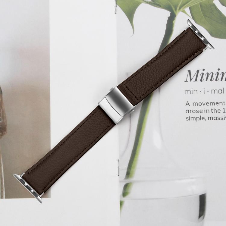 For Apple Watch 42mm / 41mm / 40mm / 38mm Lychee Texture Silver Turtle Back Buckle Leather Watch Band(Coffee Color) - free shipping - PMC TechLife - Order now!