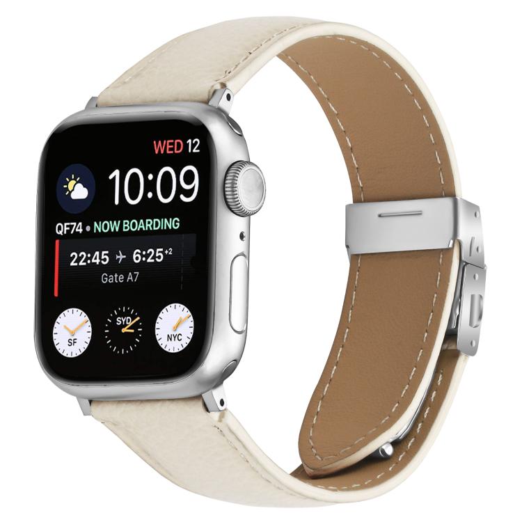 For Apple Watch 42mm / 41mm / 40mm / 38mm Lychee Texture Silver Turtle Back Buckle Leather Watch Band(Creamy White) - free shipping - PMC TechLife - Order now!